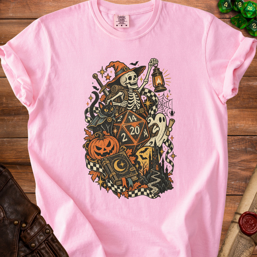 Skeleton in witch hat with lantern, black cat, dice, and Halloween elements.
