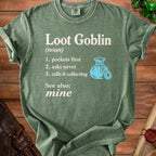 Green t-shirt with "Loot Goblin" definition and blue coin bag graphic.