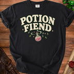 Black t-shirt with "POTION FIEND" text and potion bottle graphic.