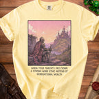 Yellow t-shirt graphic of a knight before a castle with text about work ethic.