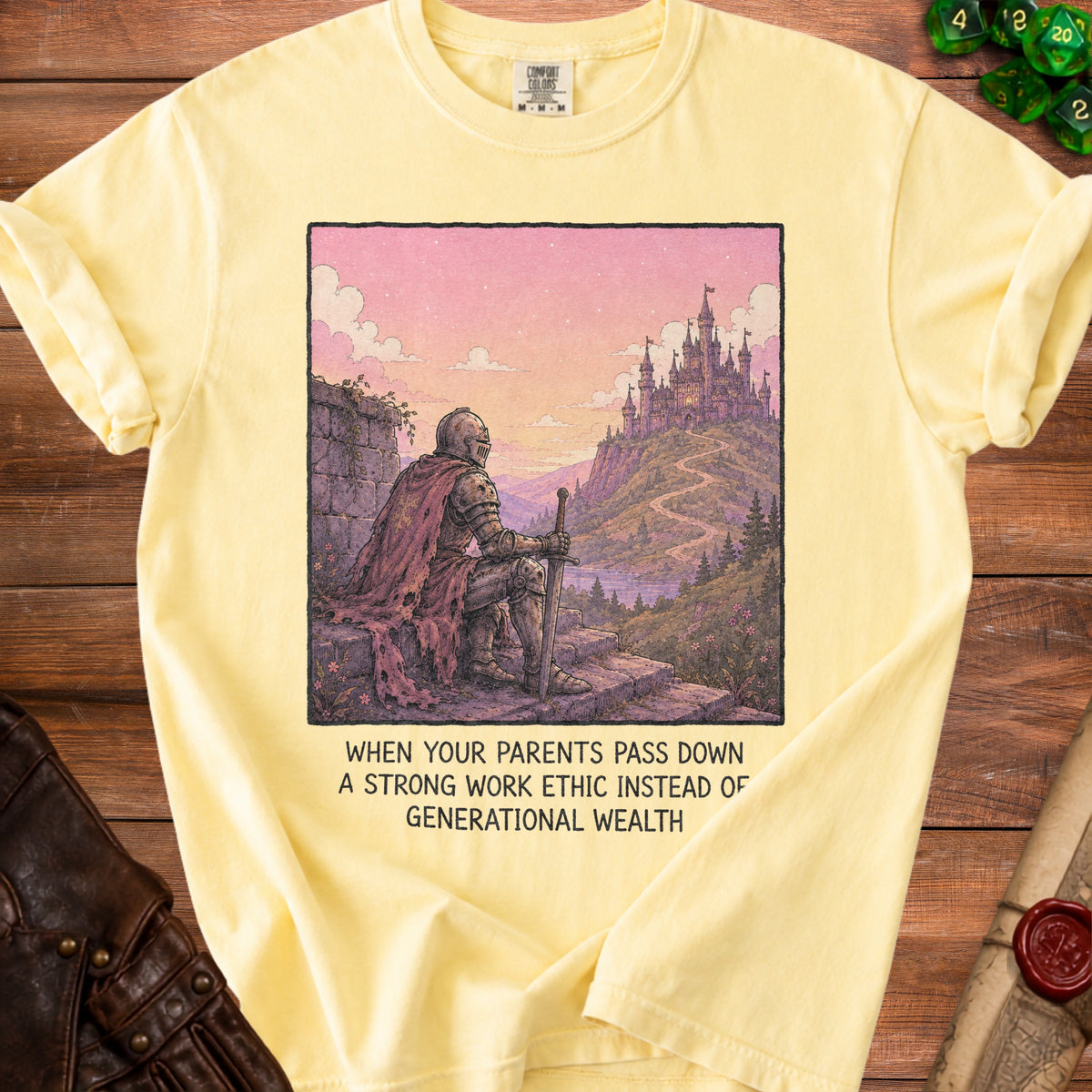 Yellow t-shirt graphic of a knight before a castle with text about work ethic.
