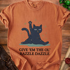 Orange t-shirt with black cat graphic and text "Give 'em the ol' Razzle Dazzle".
