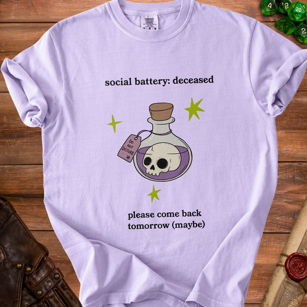 Lavender t-shirt with "social battery: deceased" and skull in a bottle graphic.