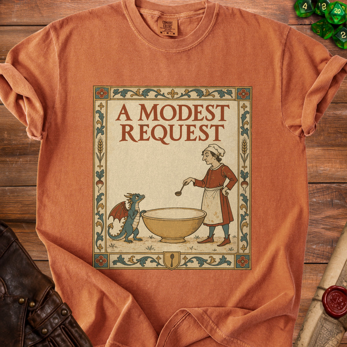 T-shirt with "A Modest Request" text, a chef, and a dragon by a bowl.