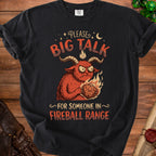 Black t-shirt with a red, horned creature holding a D20 dice and text.