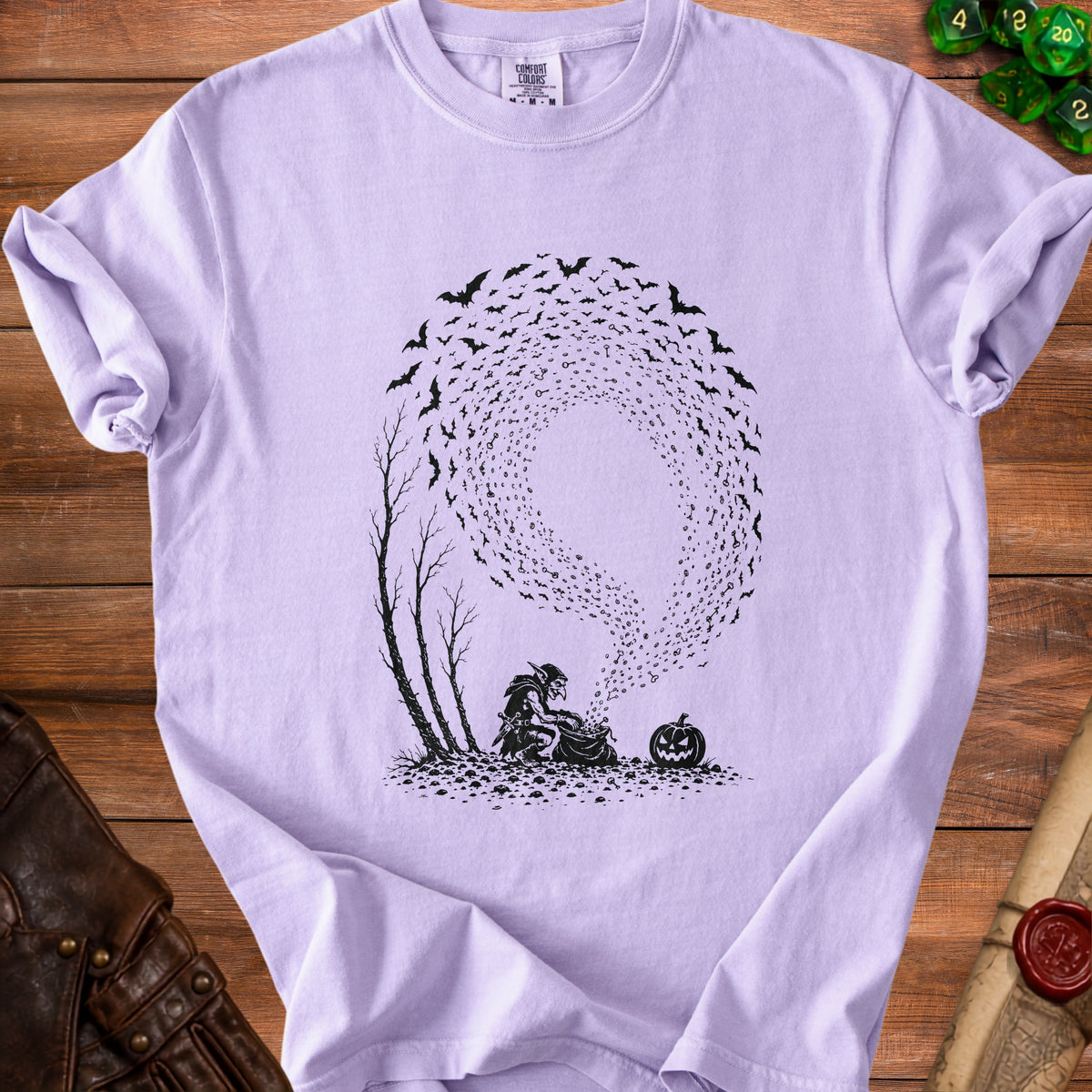 Goblin with bag of treasure spewing bats and keys in swirling pattern.