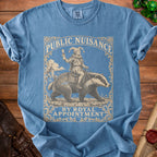 Blue t-shirt with "Public Nuisance By Royal Appointment" text and jester riding badger graphic.