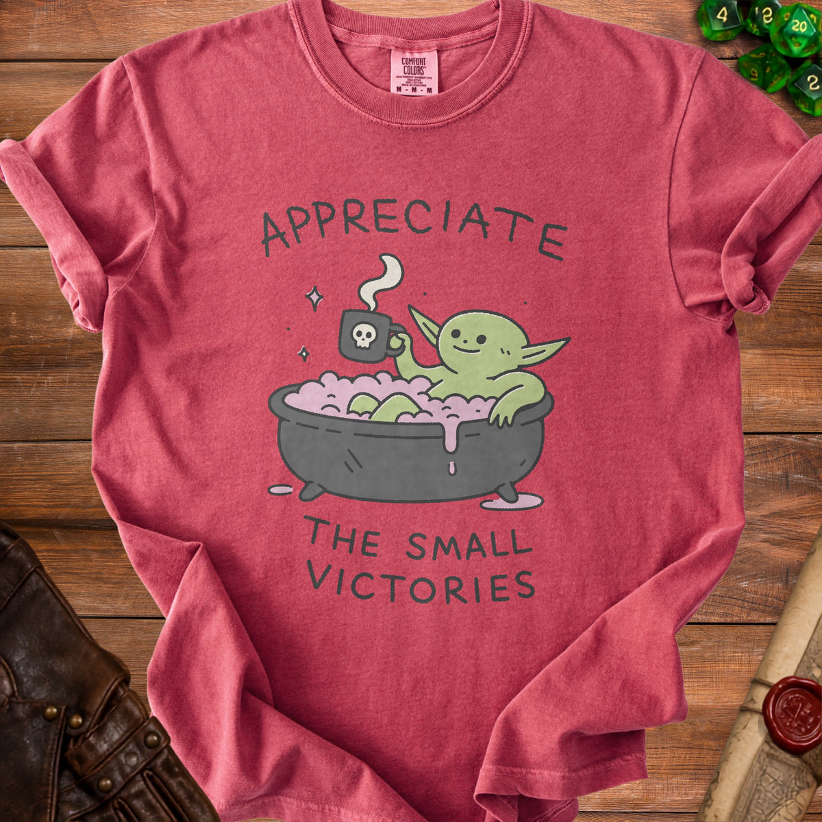 Red t-shirt with "Appreciate the Small Victories" and a cartoon character in a bathtub.