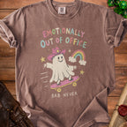 Brown t-shirt with ghost skateboarding graphic: "Emotionally Out of Office BRB Never".