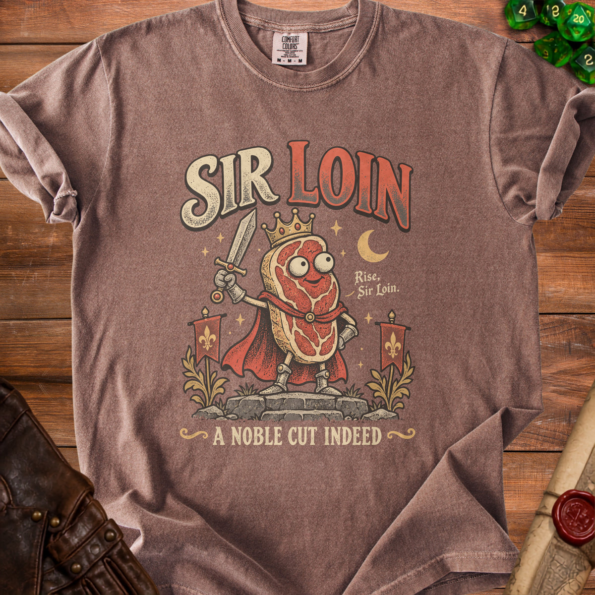 Sir Loin t-shirt graphic with crowned steak character holding sword.