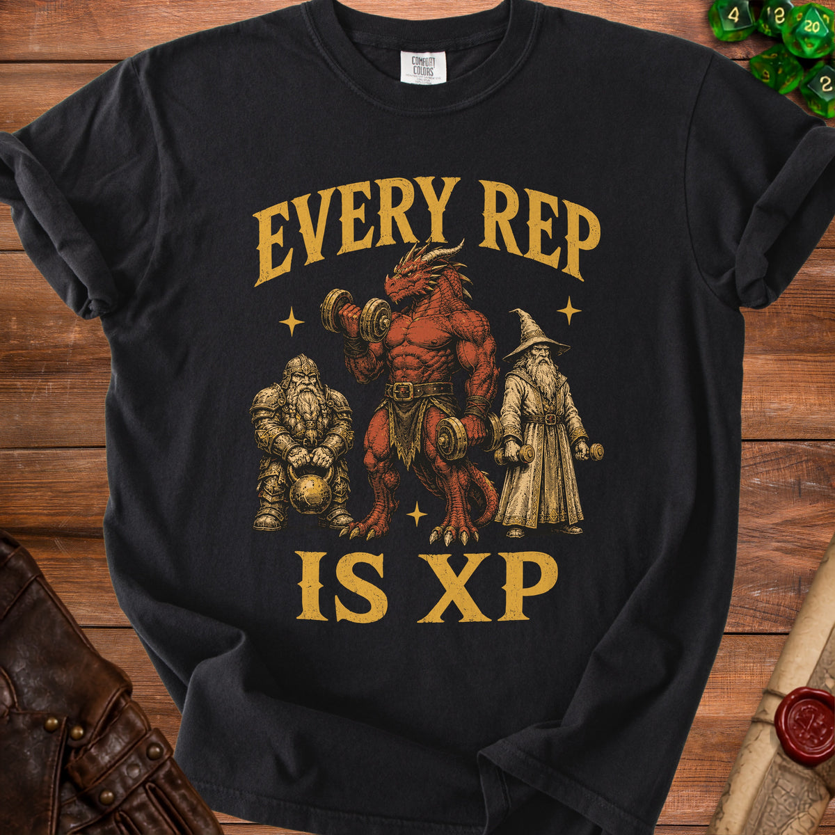 Black t-shirt with "EVERY REP IS XP" text and fantasy characters lifting weights.