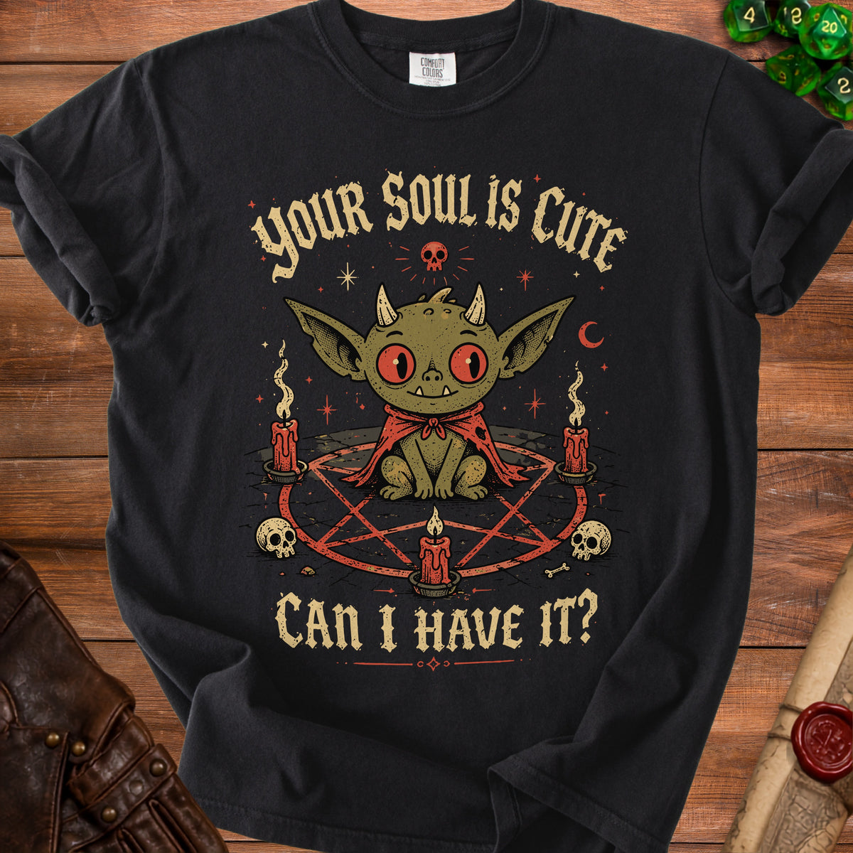 Black t-shirt with a cute devil character and text "Your Soul is Cute Can I Have It?"