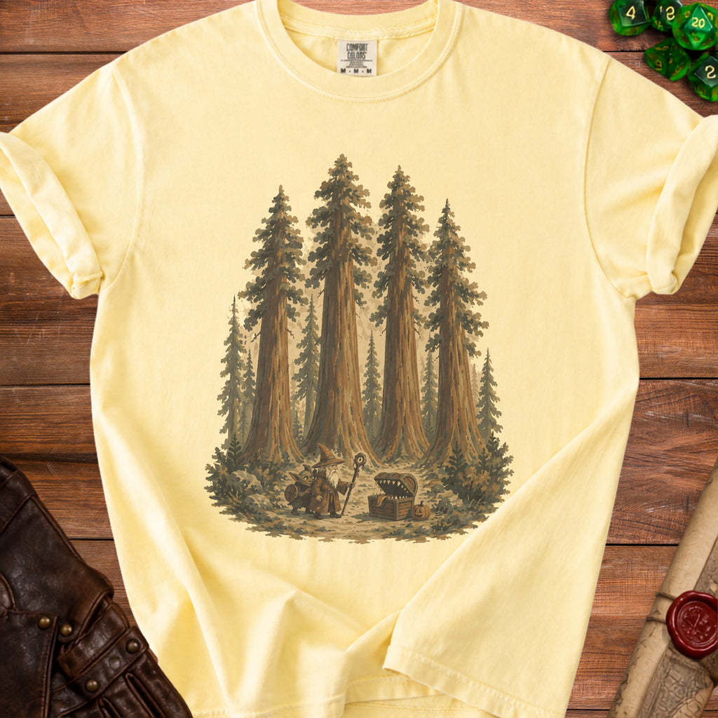Yellow t-shirt with wizard, goblin, treasure chest, and sequoia trees graphic.