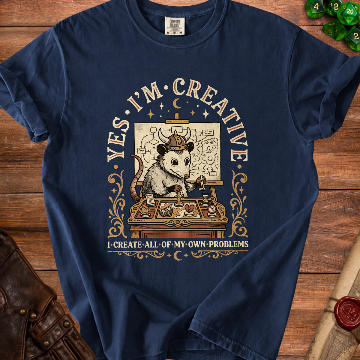 Opossum wearing Viking helmet with map and text "YES. I'M CREATIVE" and "I CREATE ALL OF MY OWN PROBLEMS".