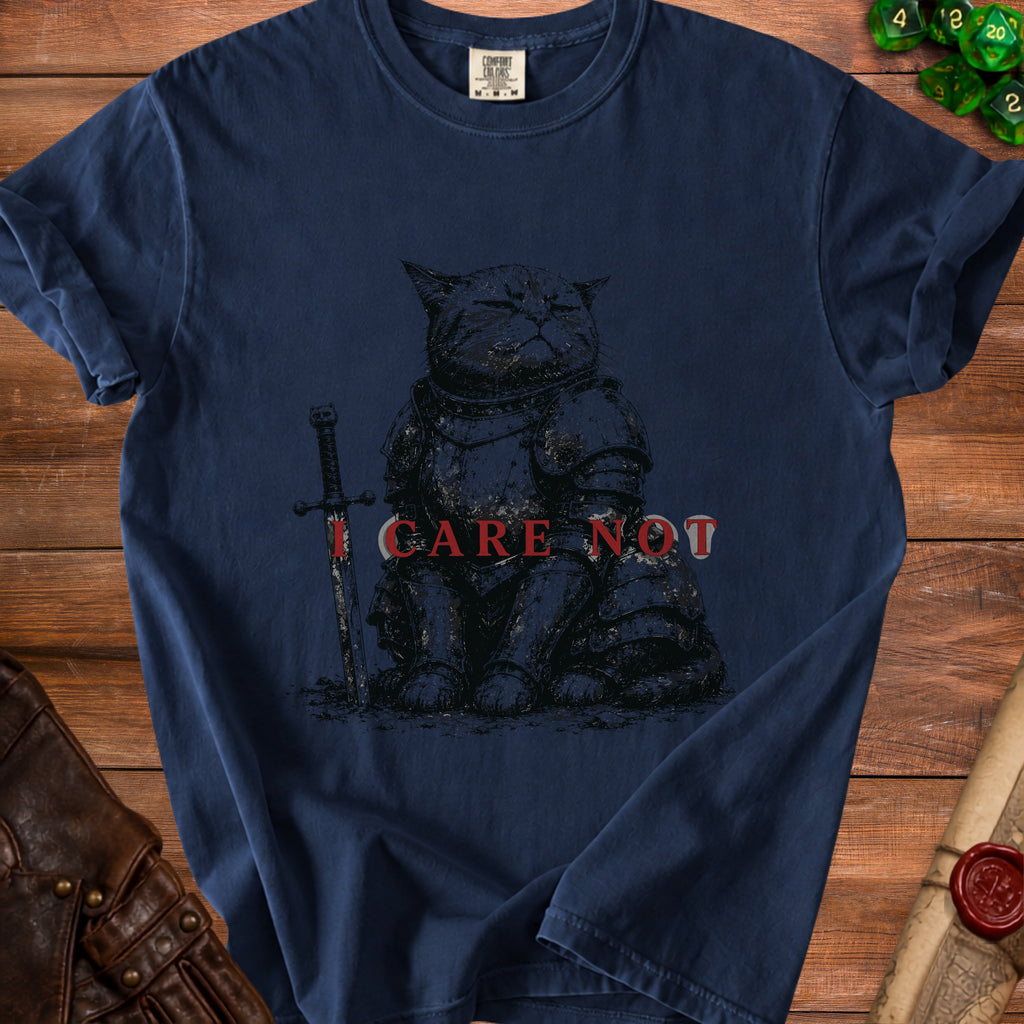 Dark blue t-shirt with a black knight cat and "I CARE NOT" text.