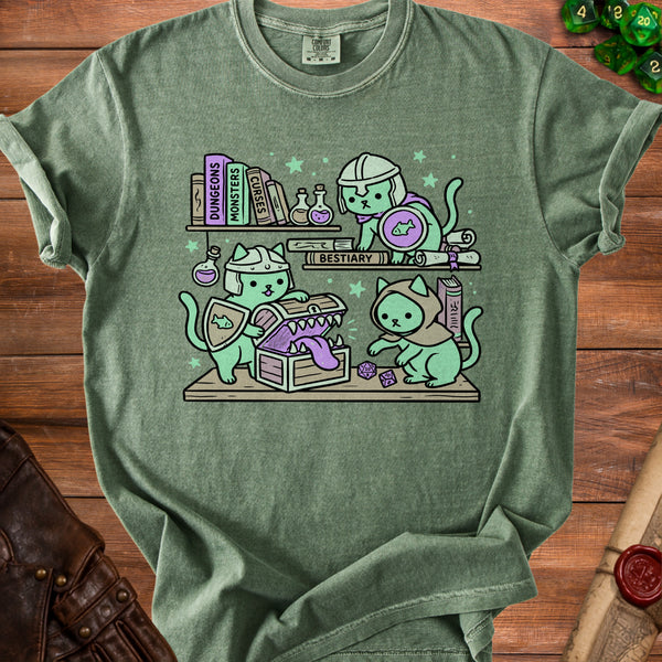 Dungeon Cats T-shirt in Moss