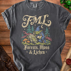 Dark grey t-shirt with "FML Forests, Moss & Lichen" text and goblin graphic.