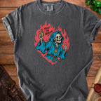 Grim reaper with potion and thumbs up on dark grey t-shirt.