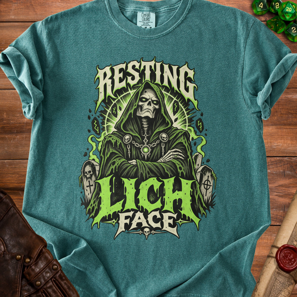 Teal t-shirt with "Resting Lich Face" graphic featuring a skeleton grim reaper.