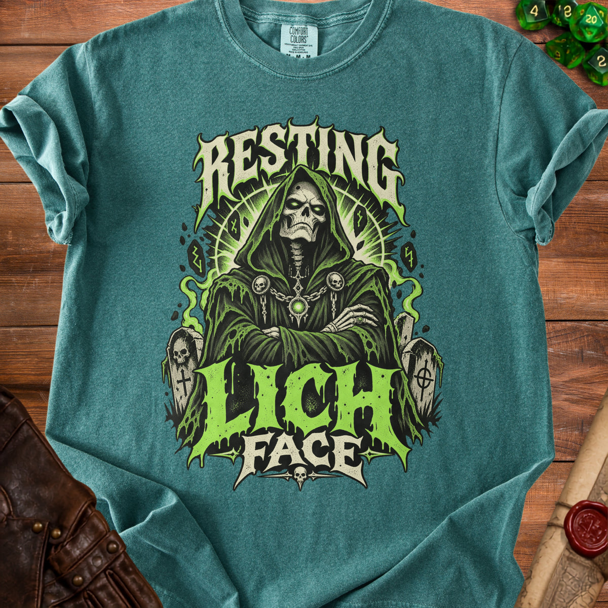 Teal t-shirt with "Resting Lich Face" graphic featuring a skeleton grim reaper.