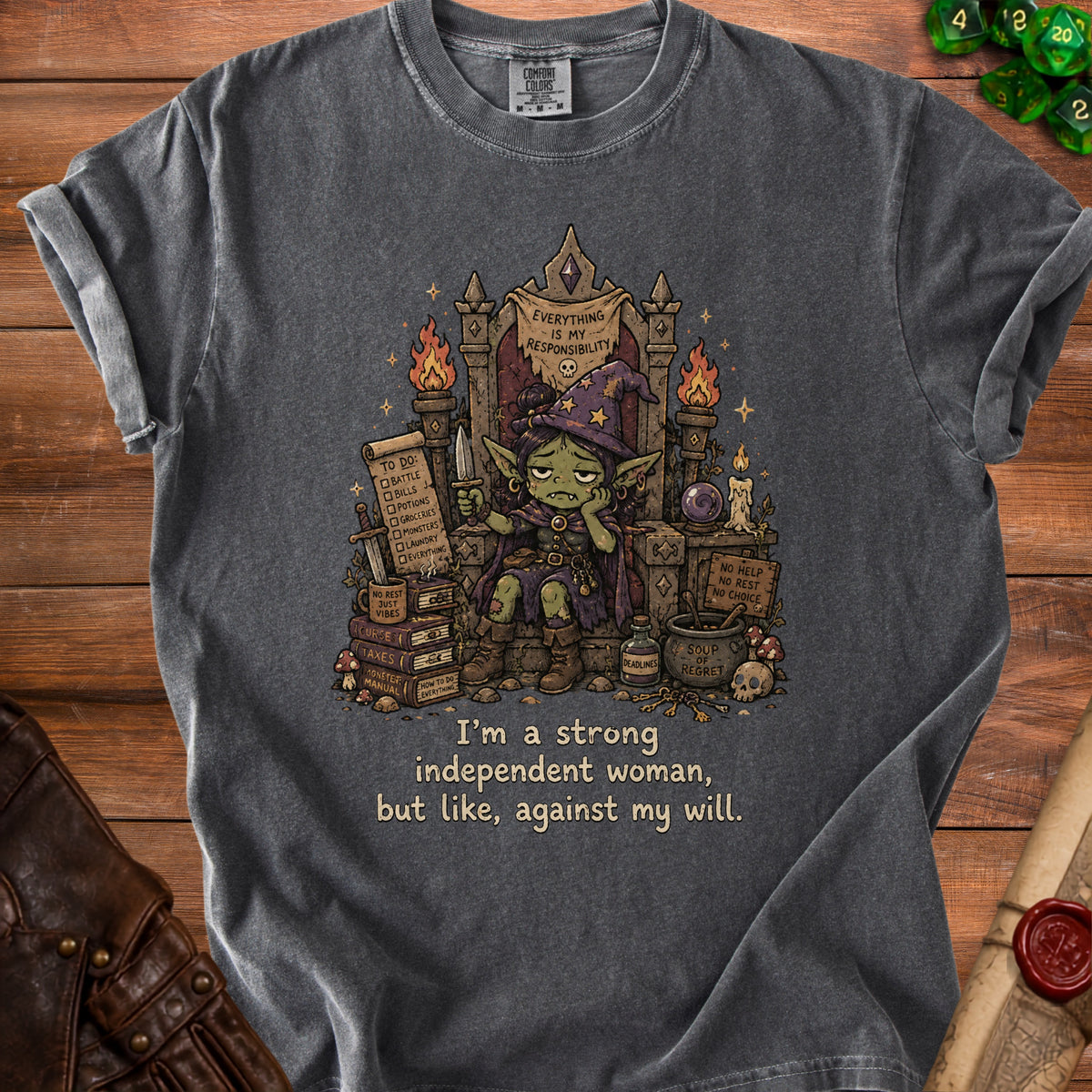 Goblin on throne with "Everything is my responsibility" banner and list of chores.