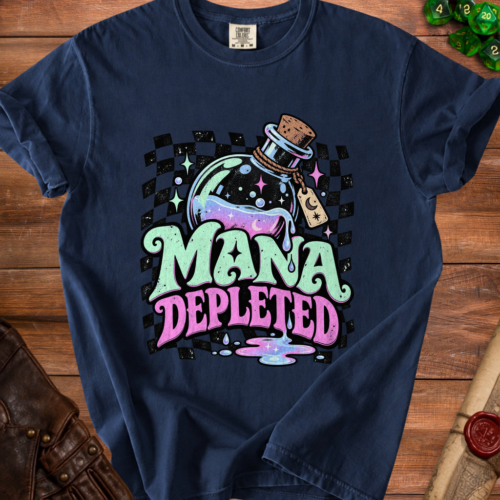 Navy t-shirt with "Mana Depleted" text and potion graphic.
