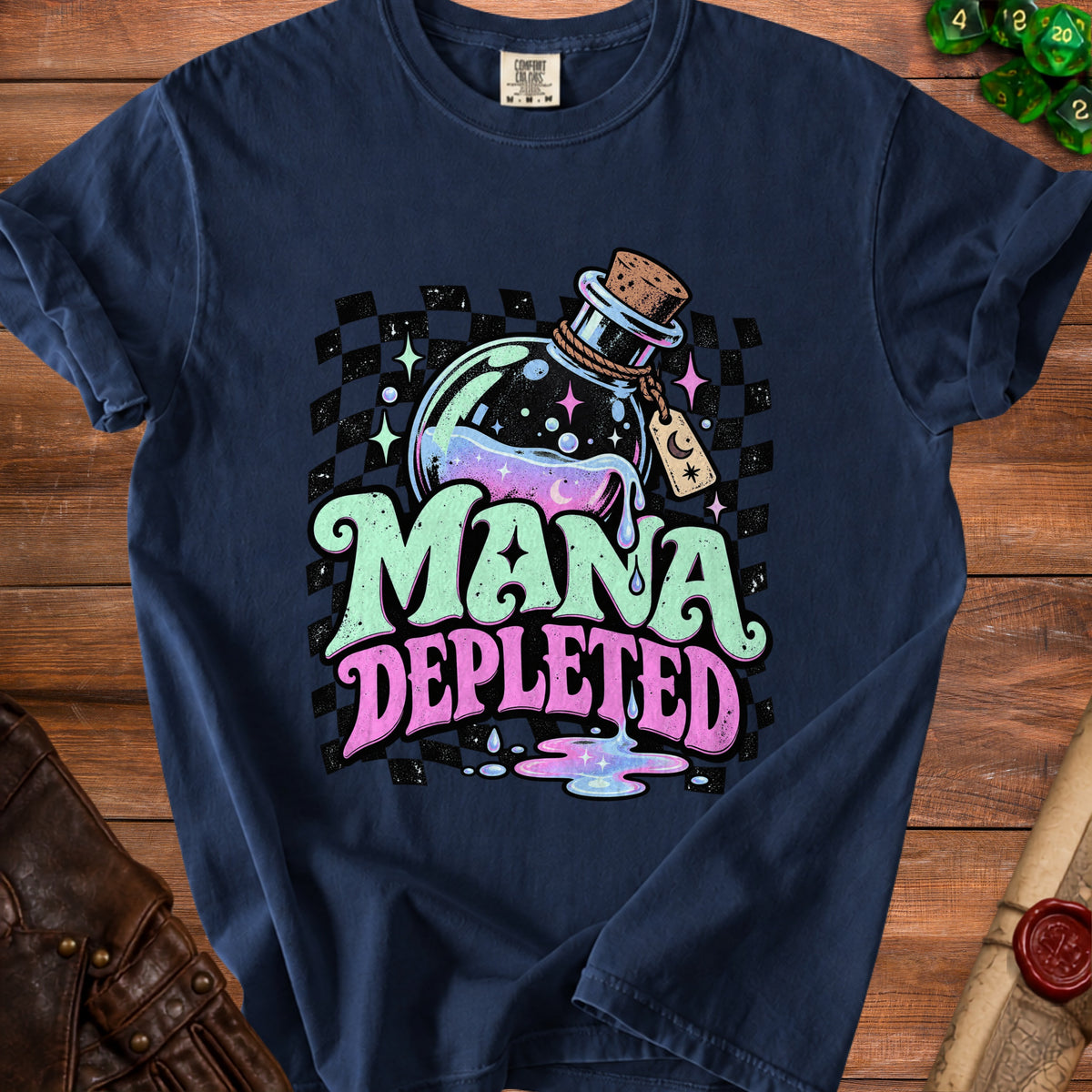 Navy t-shirt with "Mana Depleted" text and potion graphic.