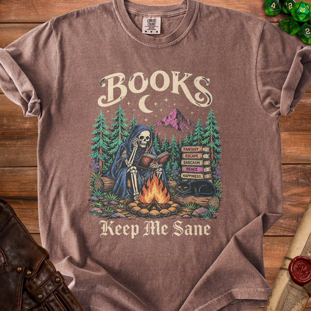 Skeleton reading by campfire with books labeled Fantasy, Escape, Sarcasm, Peace, Happiness.
