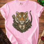 Pink t-shirt with a tiger in adventurer gear, bow, arrows, and D20 necklace.