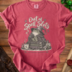 Red t-shirt with "Out of Spell Slots" and a wizard toad, mushroom, and potion.