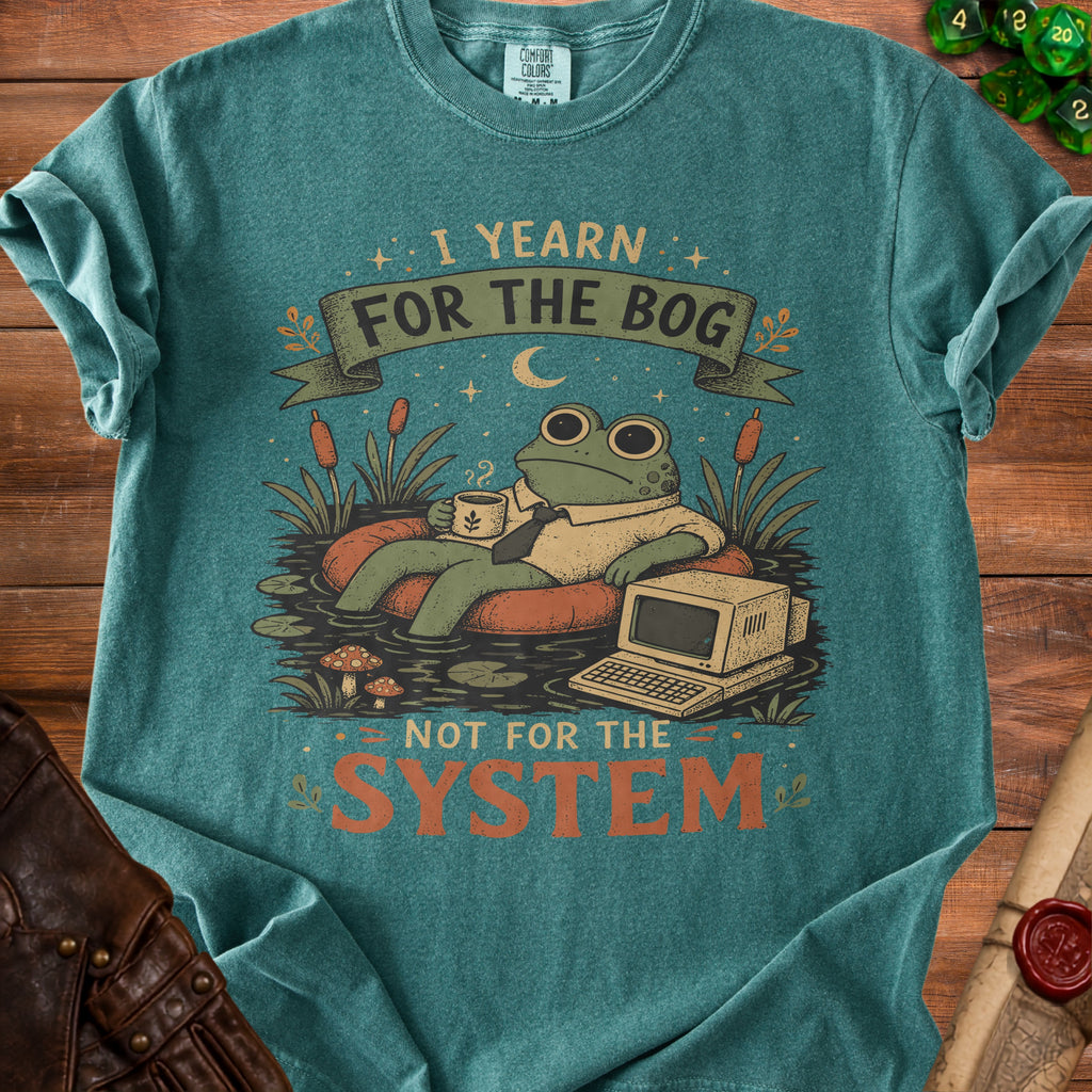 Frog with coffee and computer on inner tube with text "I yearn for the bog not for the system".