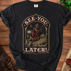 Grim reaper in a boat with pumpkin, lantern, and runes, reads "See You Later!"