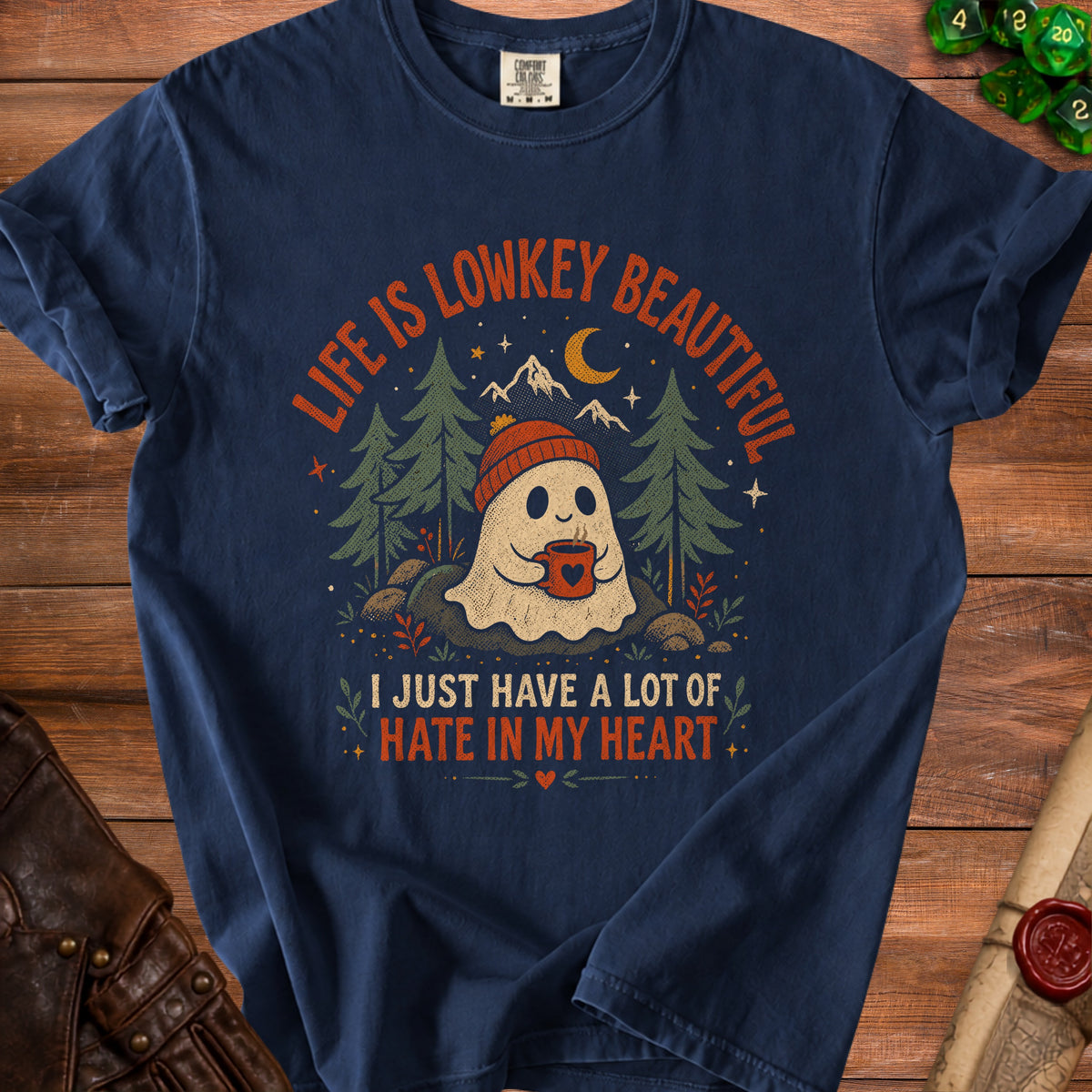 Navy t-shirt with ghost, trees, mountains, moon, and text "Life is Lowkey Beautiful".