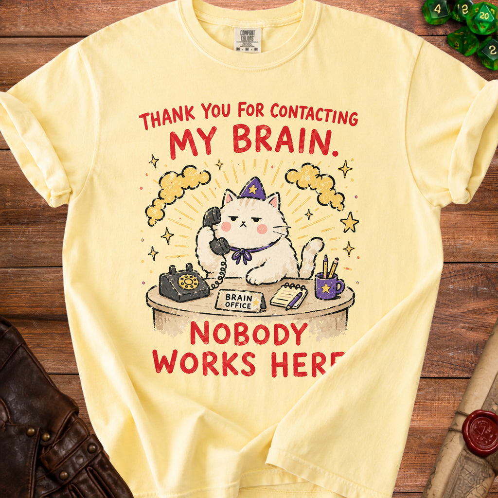 Yellow t-shirt graphic: cat in hat on phone, "Thank You For Contacting My Brain. Nobody Works Here."