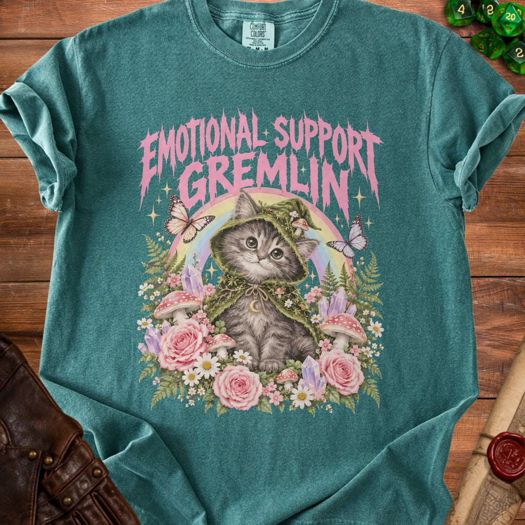 T-shirt with "Emotional Support Gremlin" text over a cat in a fairy hat.