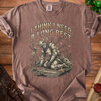 T-shirt with knight graphic and text "I THINK I NEED A LONG REST".