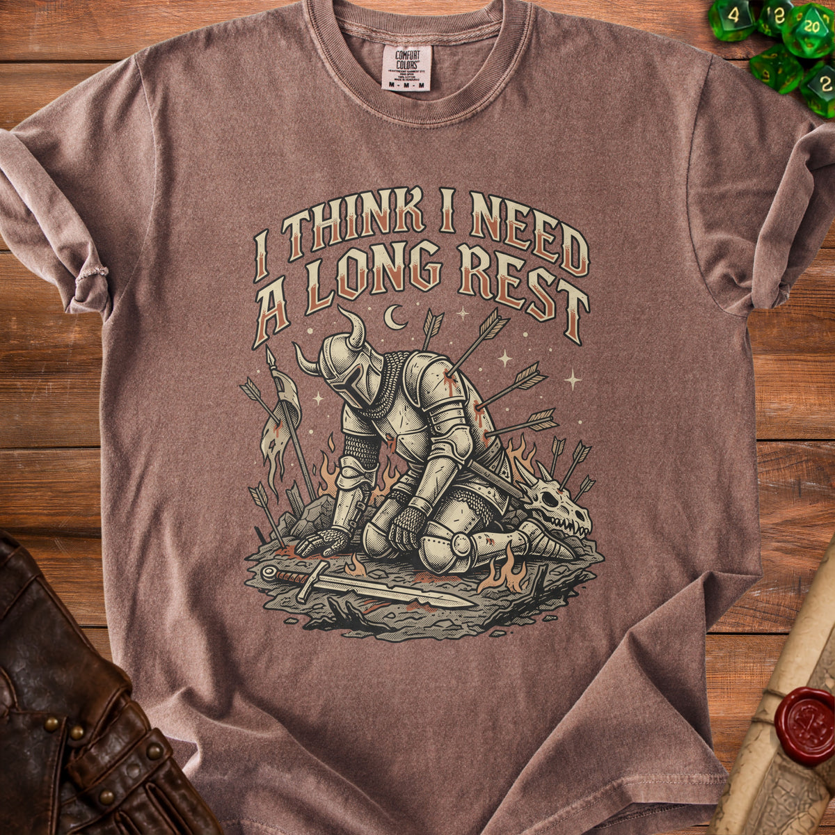 T-shirt with knight graphic and text "I THINK I NEED A LONG REST".