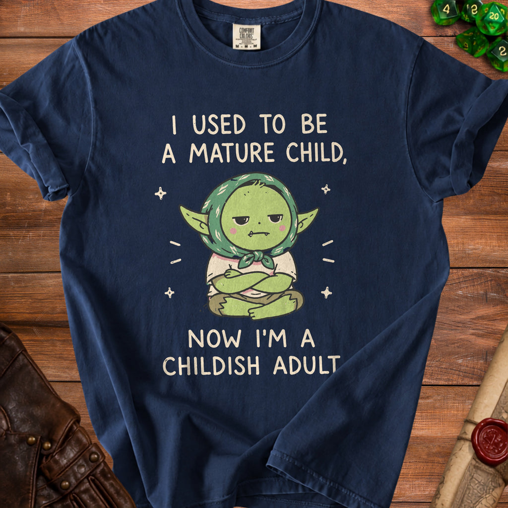 Navy t-shirt with cartoon and text: "I used to be a mature child, now I'm a childish adult."