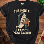 Black t-shirt with ghost graphic and text "The Portal Leads To More Laundry".