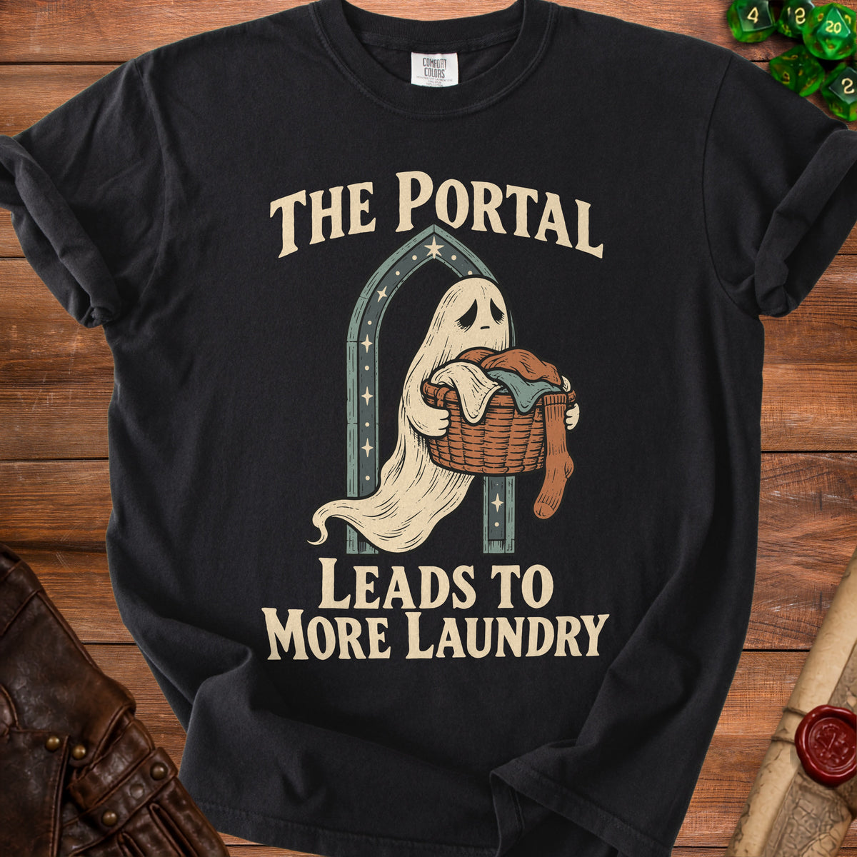 Black t-shirt with ghost graphic and text "The Portal Leads To More Laundry".