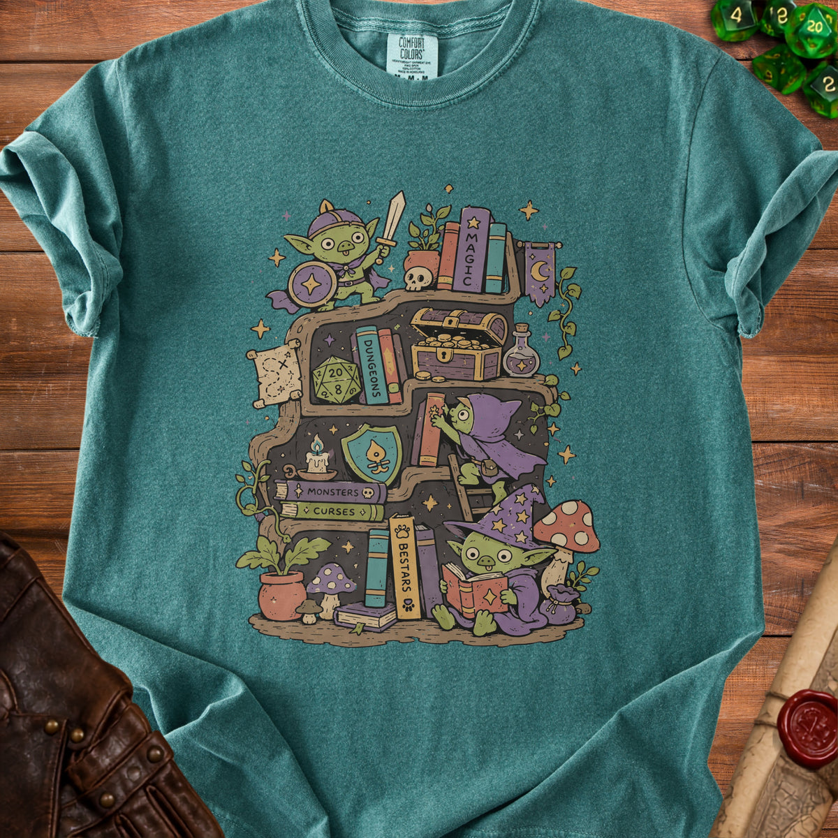 Goblin characters on a bookshelf with books, treasure chest, and dice.