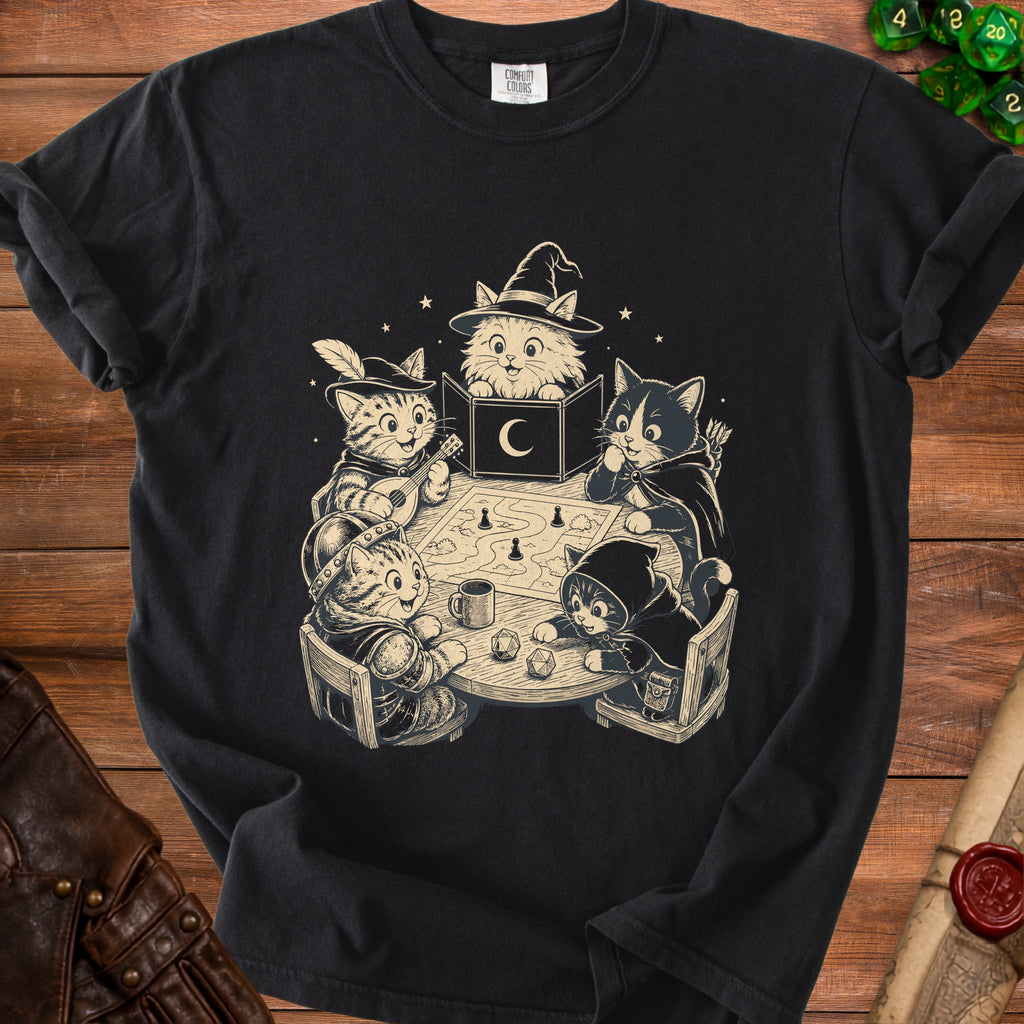 Five cats in fantasy armor play a tabletop role-playing game around a round table.