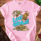 Pink t-shirt with cartoon gremlins and the text "Loot Gremlin!".