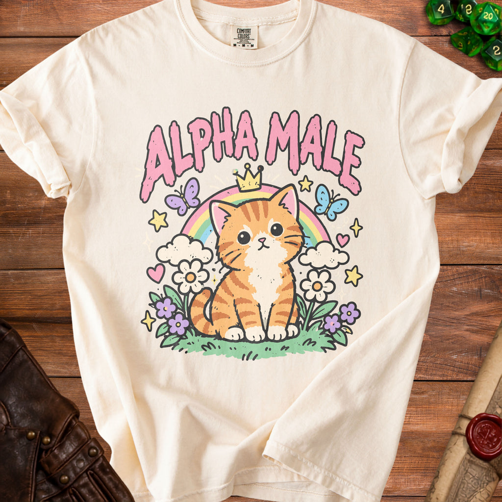 Cream t-shirt with cartoon kitten, rainbow, flowers, and the words "ALPHA MALE".