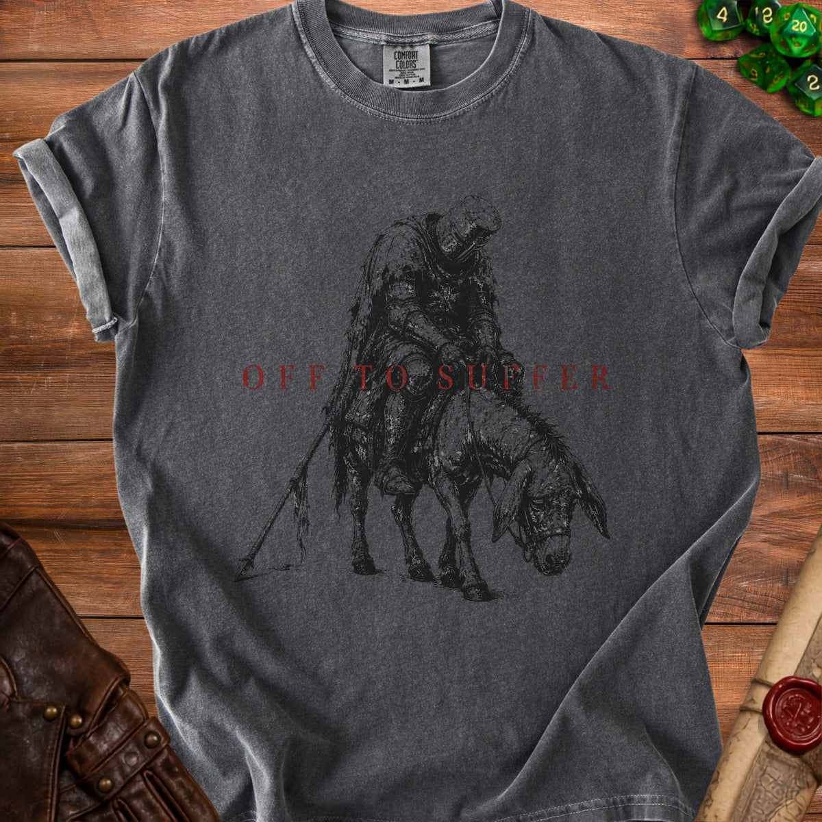 Dark grey t-shirt with knight on donkey graphic and "OFF TO SUFFER" text.