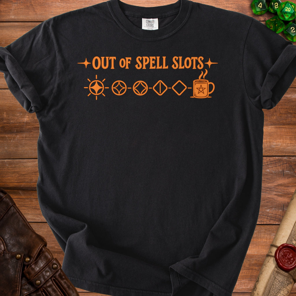 Black t-shirt with orange text "OUT OF SPELL SLOTS" and D&D inspired icons.