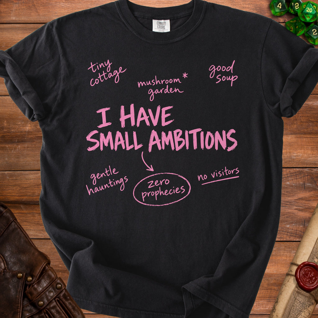 Black t-shirt with pink text: "I HAVE SMALL AMBITIONS", "tiny cottage", "mushroom garden", "good soup", "gentle hauntings", "zero prophecies", "no visitors".