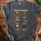 Dark grey t-shirt with "Party Alignment" text and six dogs in various fantasy roles.
