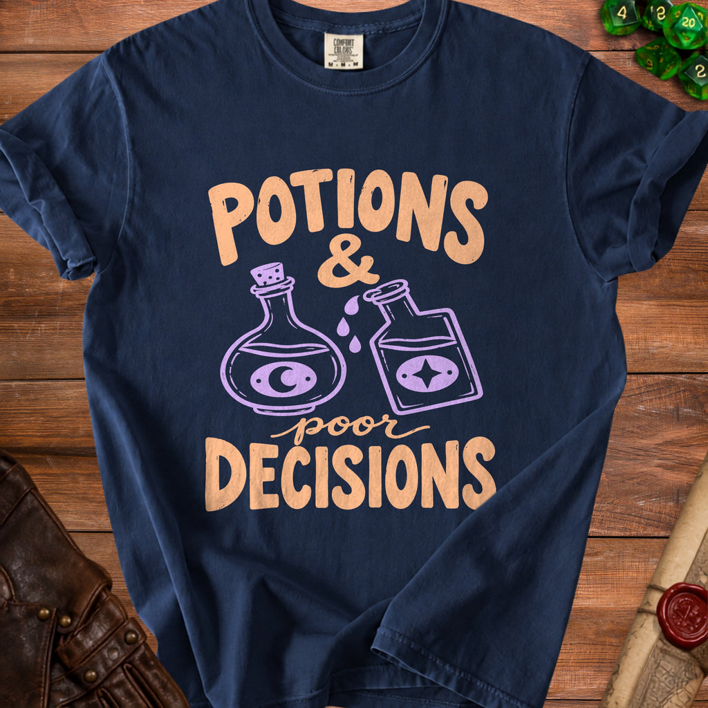 Dark blue t-shirt with "Potions & Poor Decisions" text and potion bottles graphic.