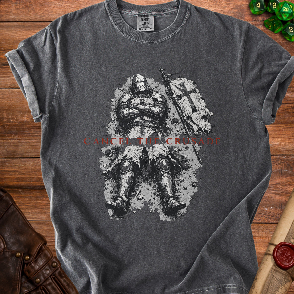 Gray t-shirt with graphic of armored knight and text "CANCEL THE CRUSADE".